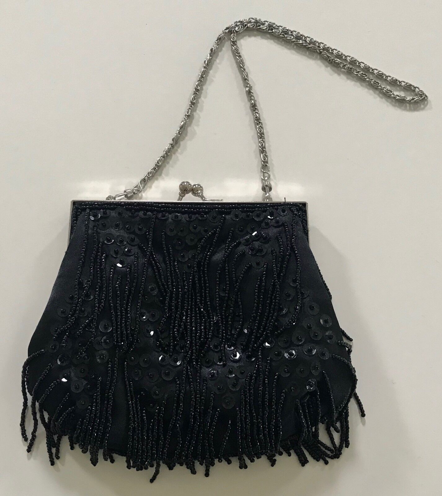 Vintage Clutch HandBag Black Beaded Sequins Silver Frame w Hanging Bead Strands