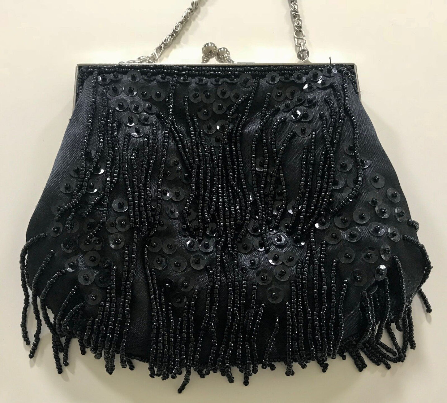 Vintage Clutch HandBag Black Beaded Sequins Silver Frame w Hanging Bead Strands
