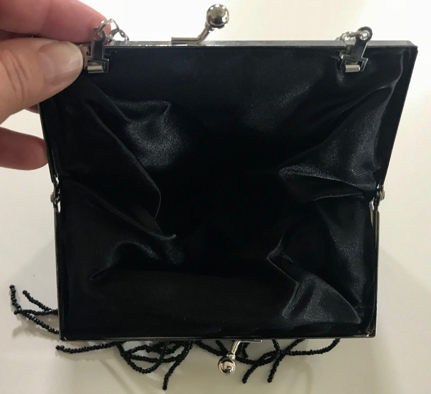 Vintage Clutch HandBag Black Beaded Sequins Silver Frame w Hanging Bead Strands