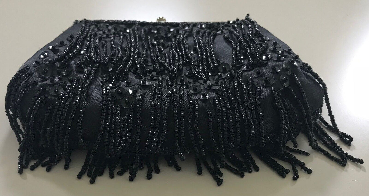 Vintage Clutch HandBag Black Beaded Sequins Silver Frame w Hanging Bead Strands