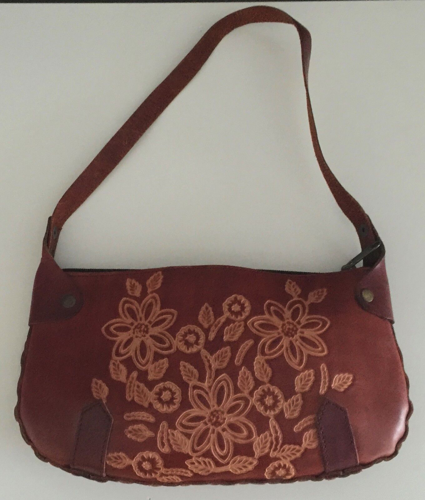 Vintage Brown Leather Shoulder Bag Handtooled & Crafted Floral Motif Rich Tan