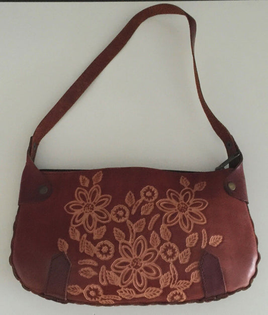 Vintage Brown Leather Shoulder Bag Handtooled & Crafted Floral Motif Rich Tan