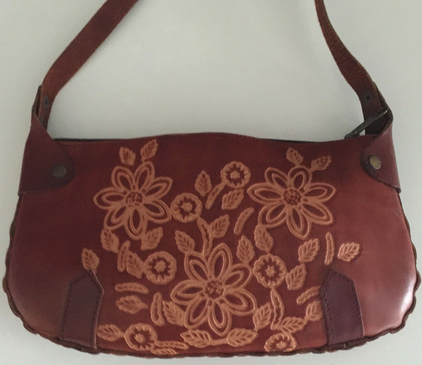 Vintage Brown Leather Shoulder Bag Handtooled & Crafted Floral Motif Rich Tan