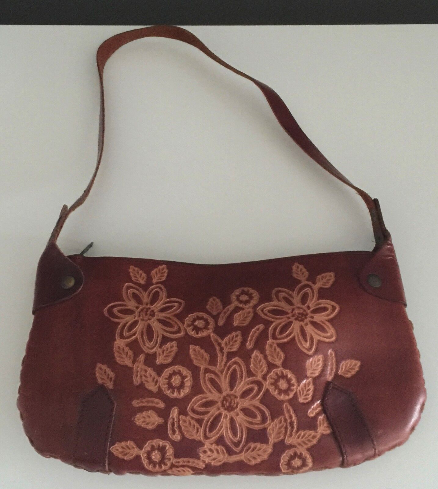 Vintage Brown Leather Shoulder Bag Handtooled & Crafted Floral Motif Rich Tan