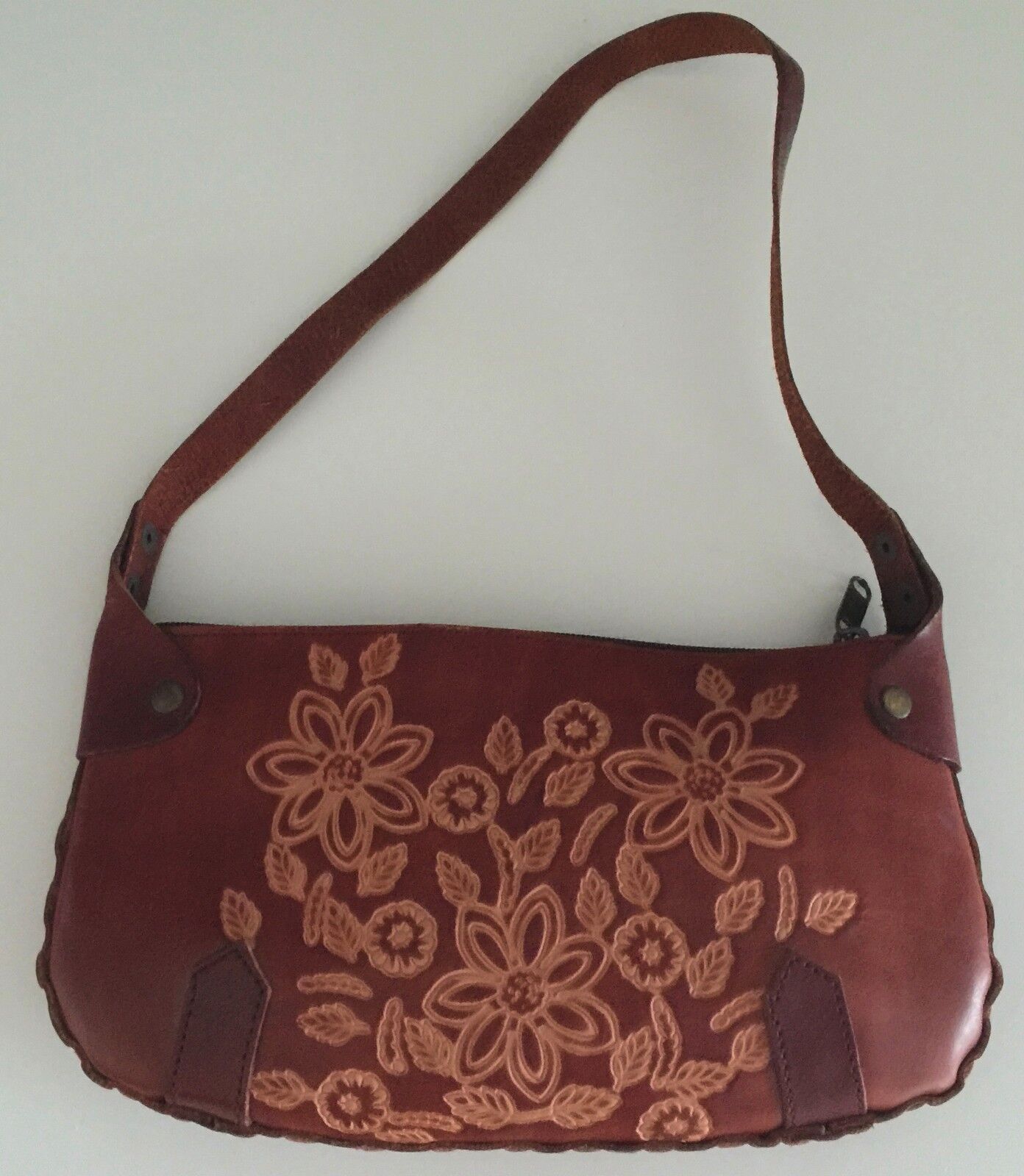 Vintage Brown Leather Shoulder Bag Handtooled & Crafted Floral Motif Rich Tan