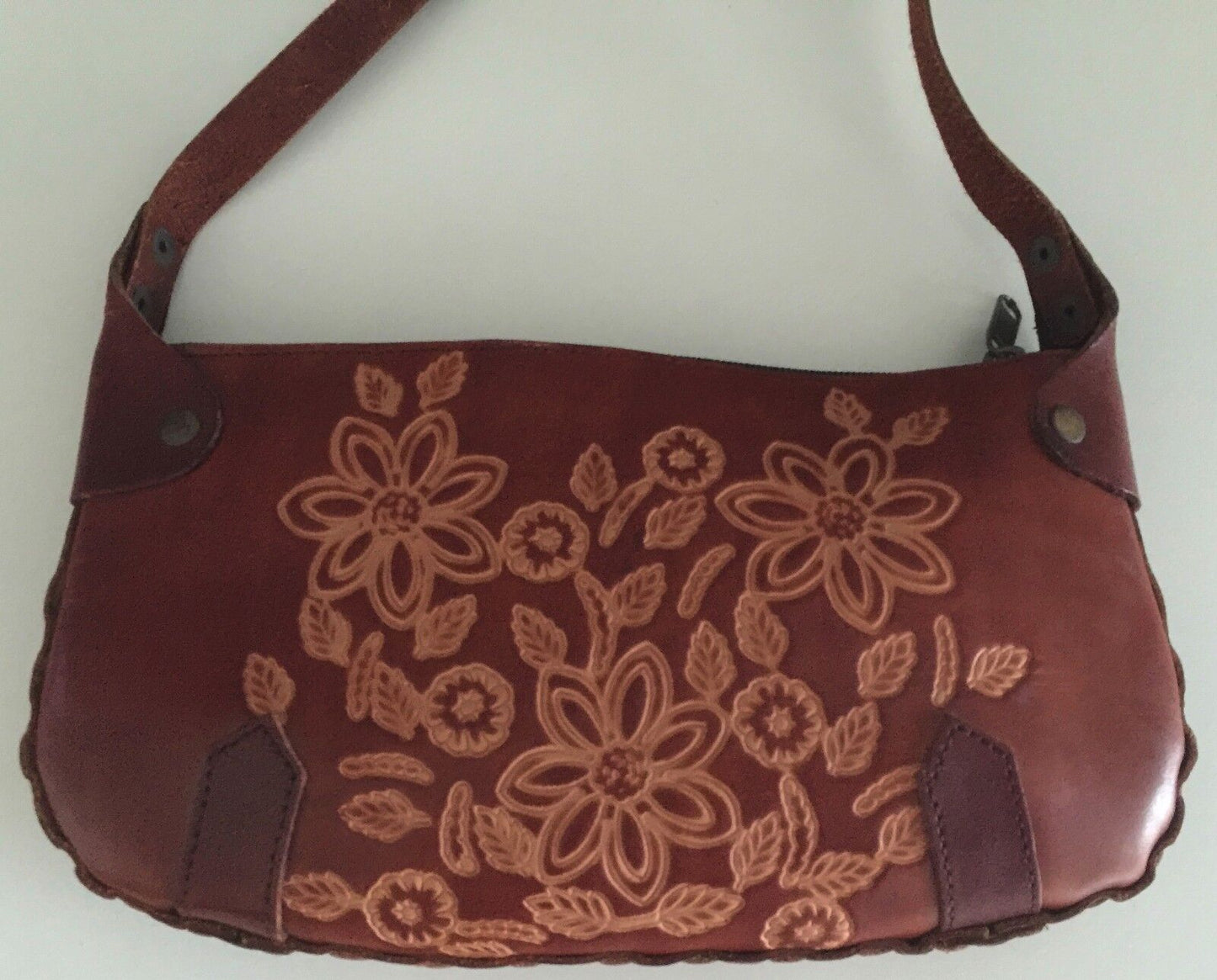 Vintage Brown Leather Shoulder Bag Handtooled & Crafted Floral Motif Rich Tan