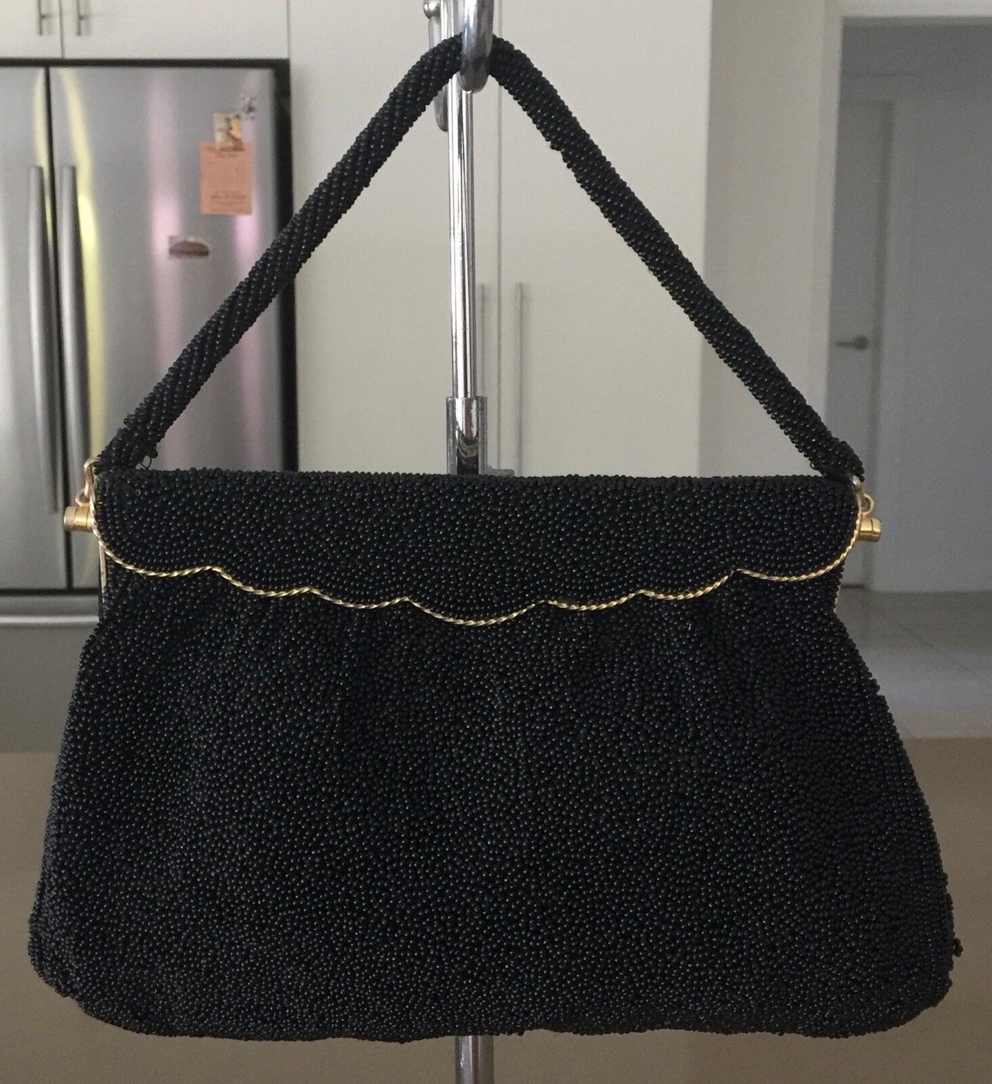 Vintage 1950s HandBag Gold Mermaid Frame Black Bead Evening Bag Purse Stunning