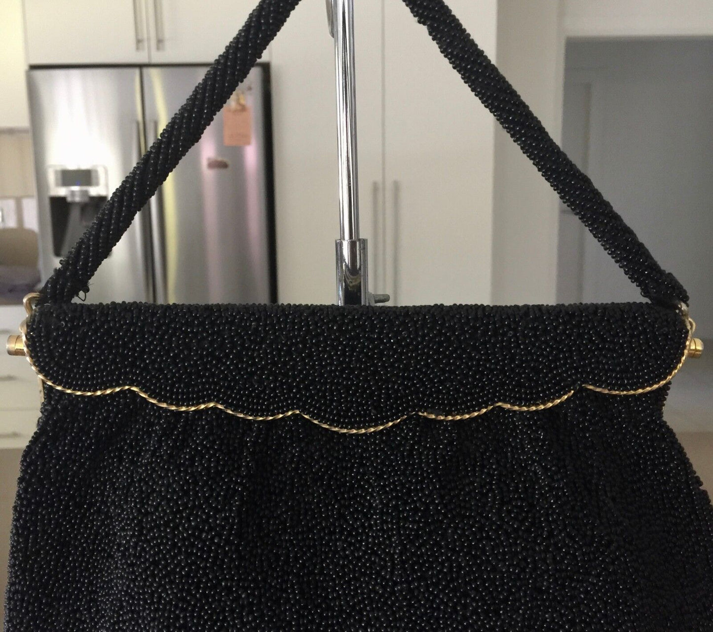 Vintage 1950s HandBag Gold Mermaid Frame Black Bead Evening Bag Purse Stunning