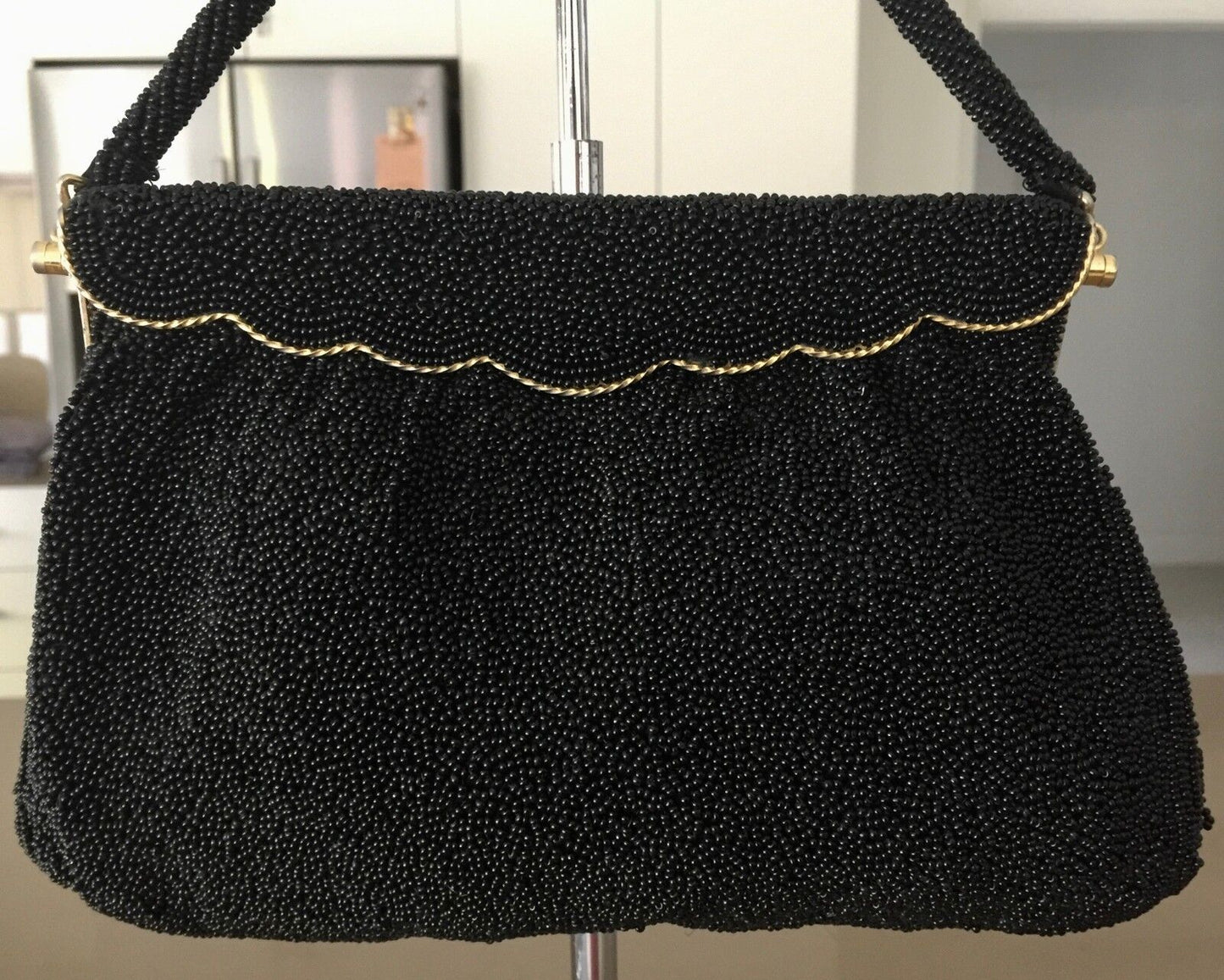 Vintage 1950s HandBag Gold Mermaid Frame Black Bead Evening Bag Purse Stunning
