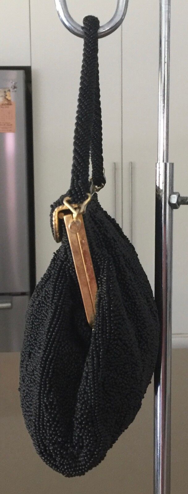 Vintage 1950s HandBag Gold Mermaid Frame Black Bead Evening Bag Purse Stunning