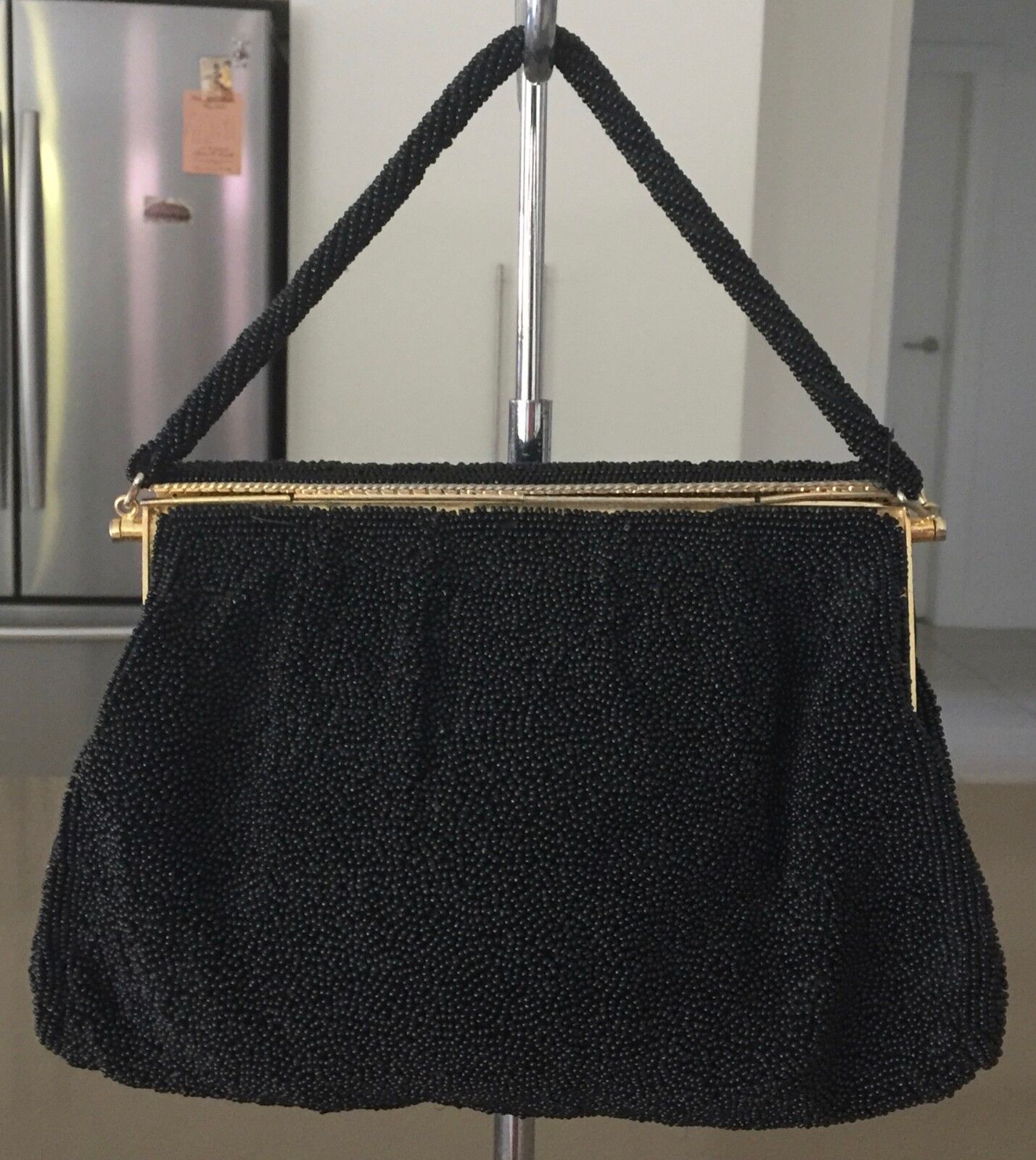 Vintage 1950s HandBag Gold Mermaid Frame Black Bead Evening Bag Purse Stunning