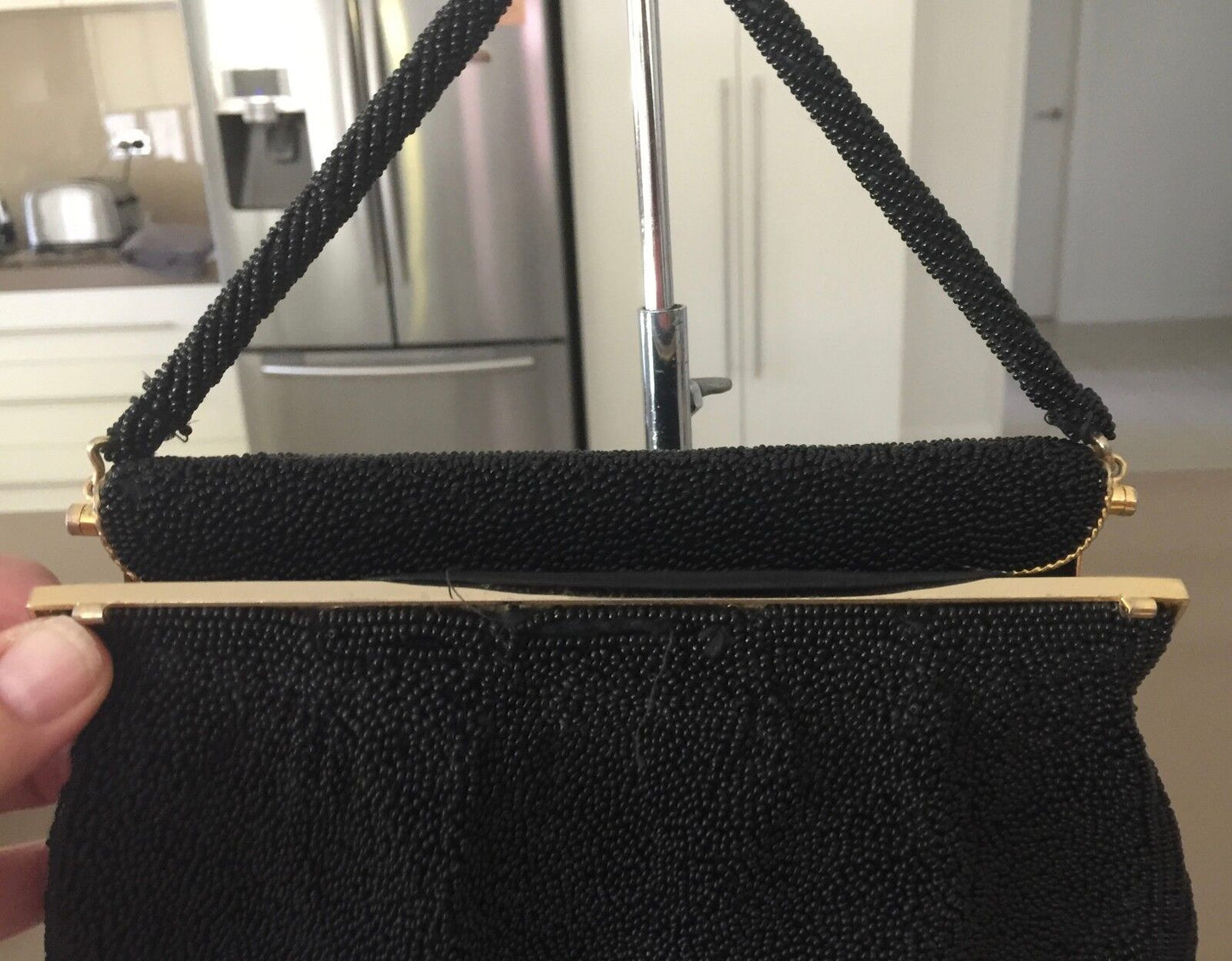 Vintage 1950s HandBag Gold Mermaid Frame Black Bead Evening Bag Purse Stunning