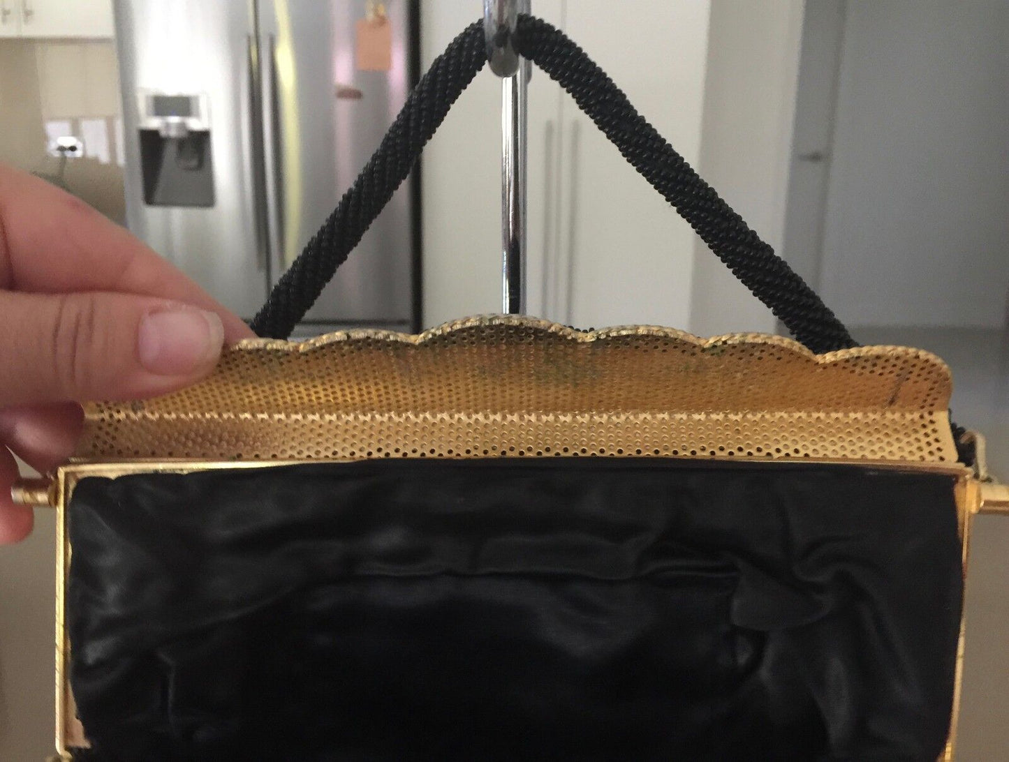 Vintage 1950s HandBag Gold Mermaid Frame Black Bead Evening Bag Purse Stunning