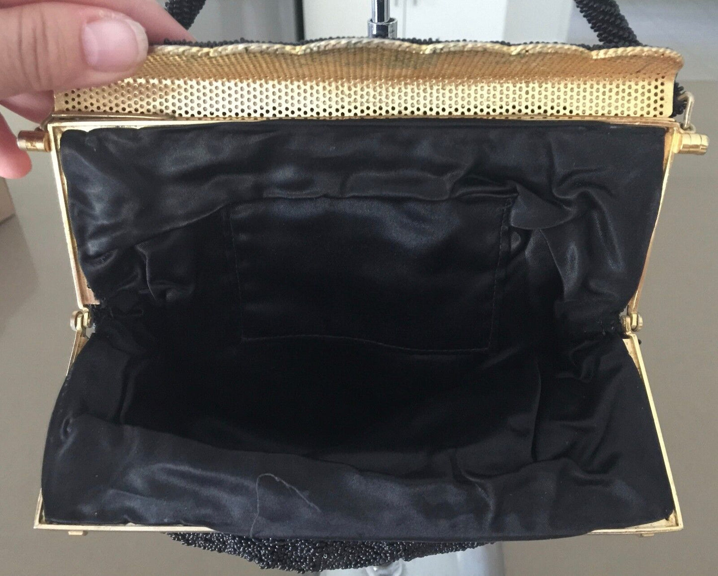 Vintage 1950s HandBag Gold Mermaid Frame Black Bead Evening Bag Purse Stunning