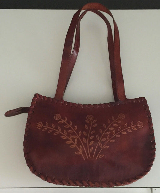 HandTooled Shoulder Bag & Crafted Floral Motif Rich Tan Leather Twin Strap NEW