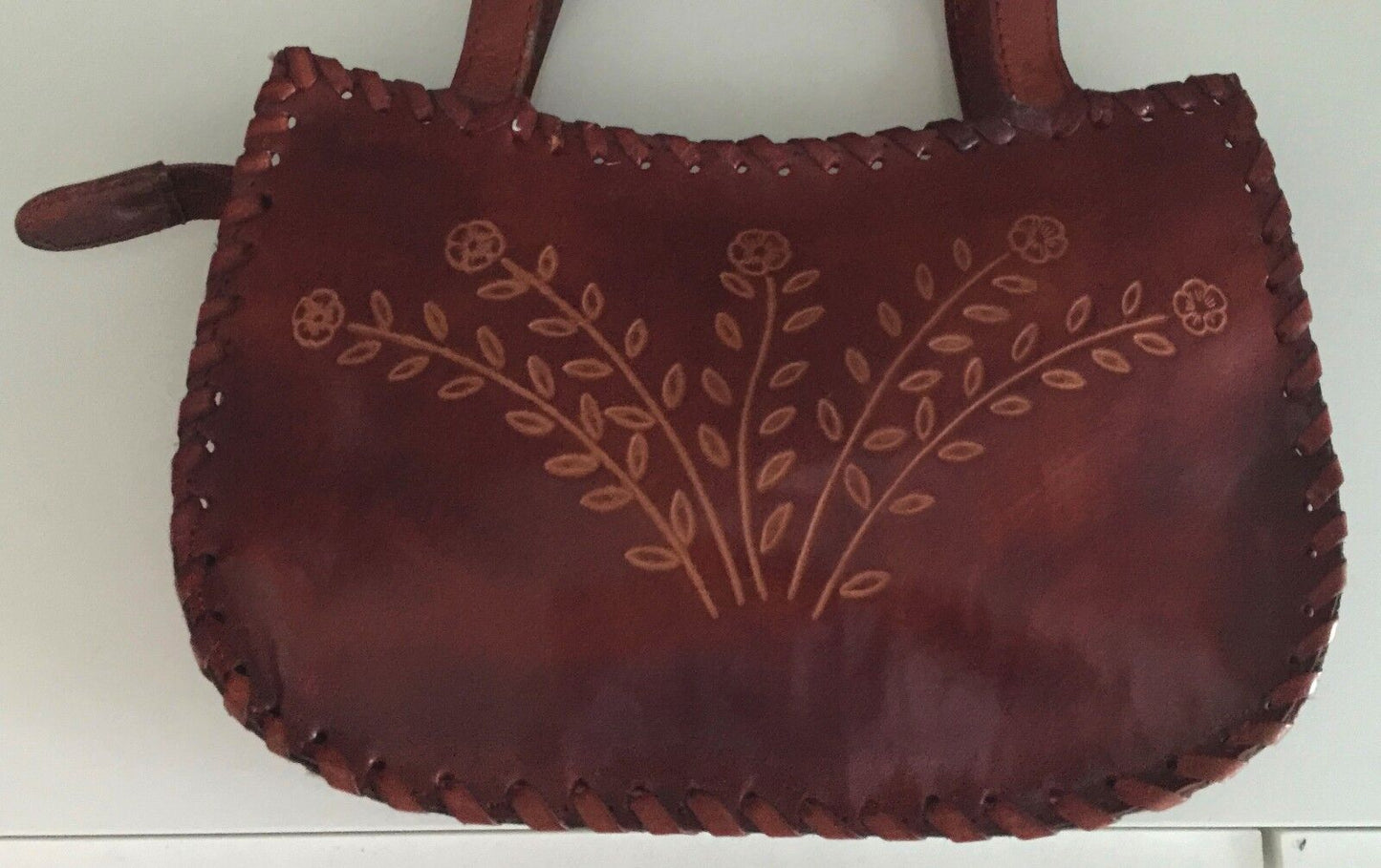 HandTooled Shoulder Bag & Crafted Floral Motif Rich Tan Leather Twin Strap NEW