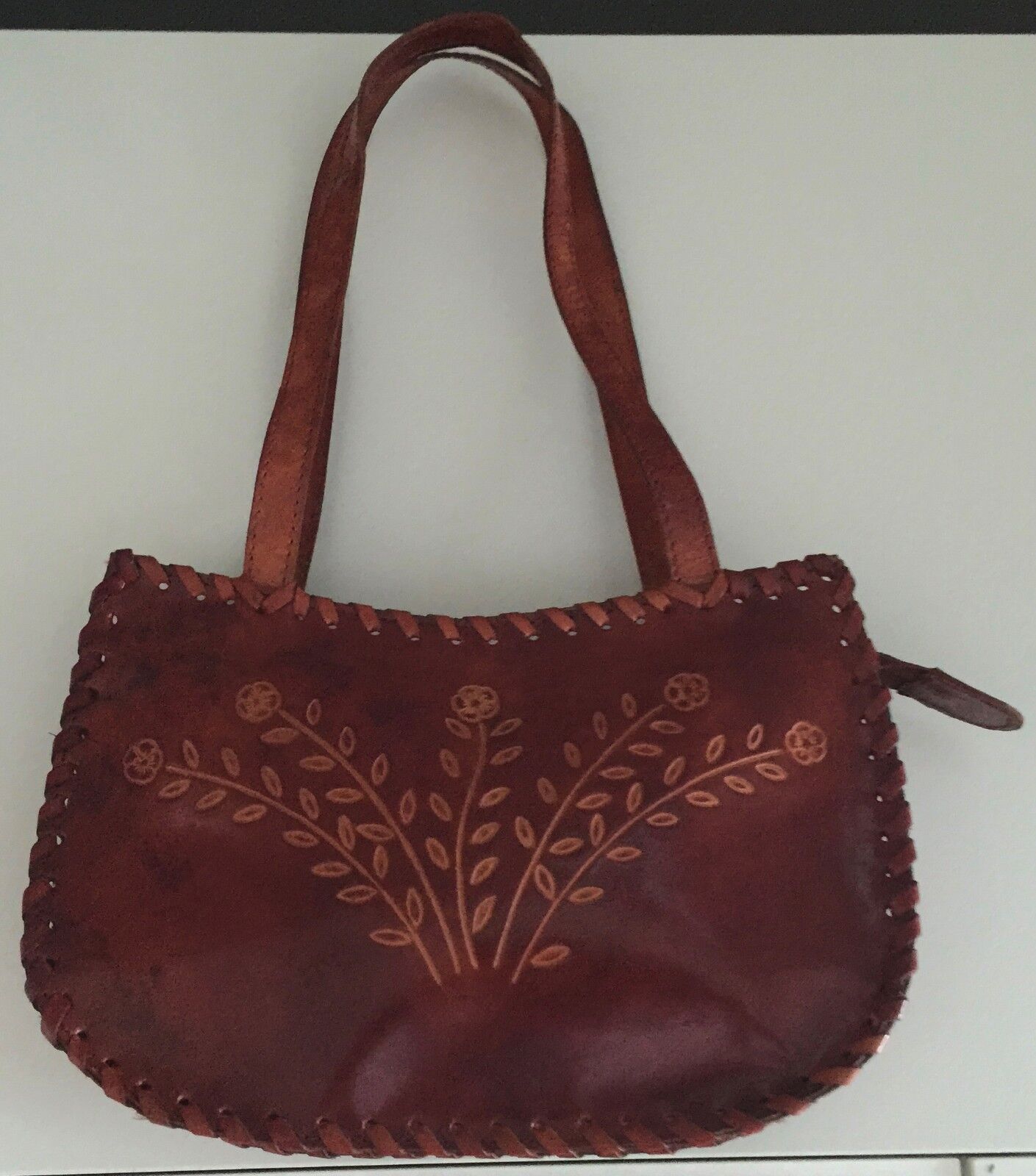 HandTooled Shoulder Bag & Crafted Floral Motif Rich Tan Leather Twin Strap NEW