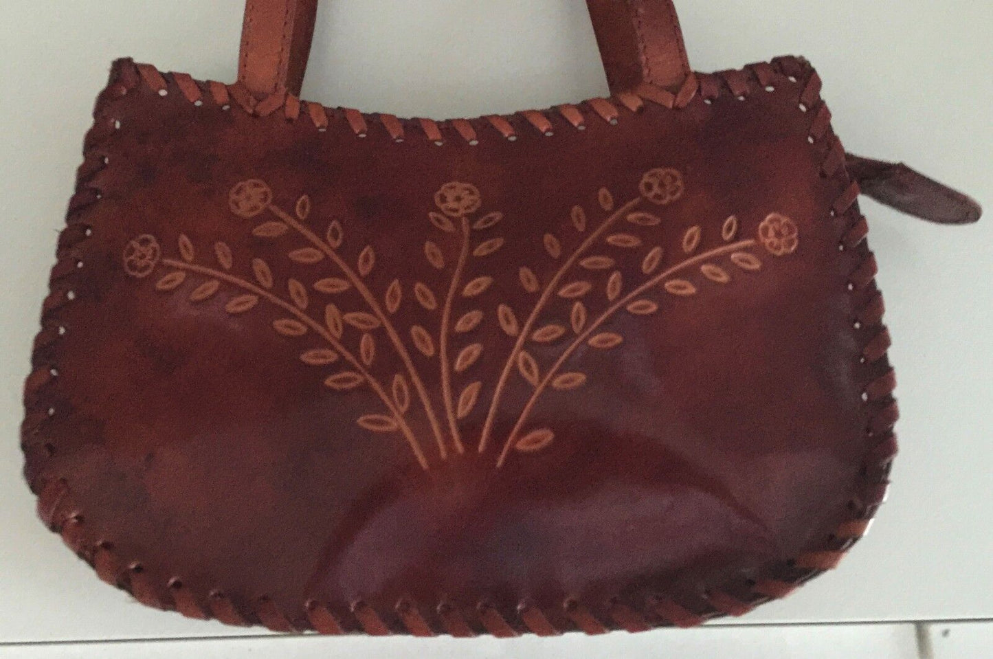 HandTooled Shoulder Bag & Crafted Floral Motif Rich Tan Leather Twin Strap NEW