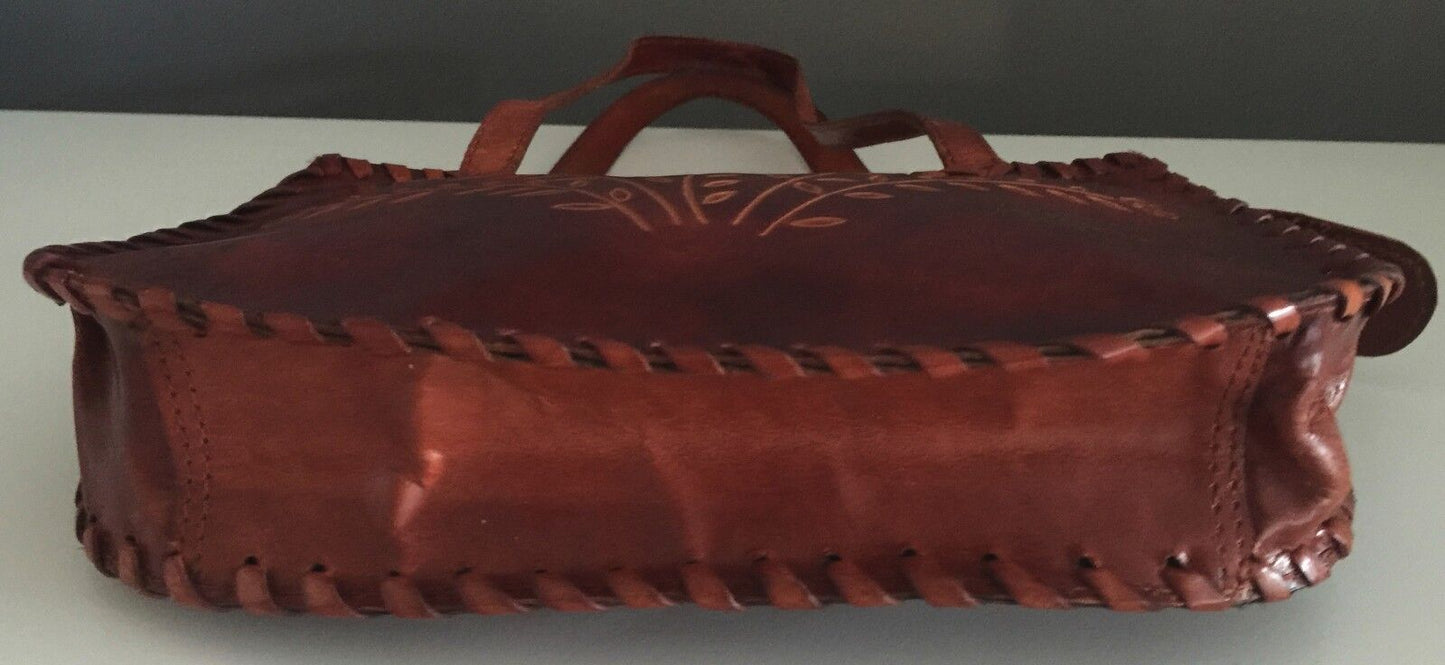 HandTooled Shoulder Bag & Crafted Floral Motif Rich Tan Leather Twin Strap NEW