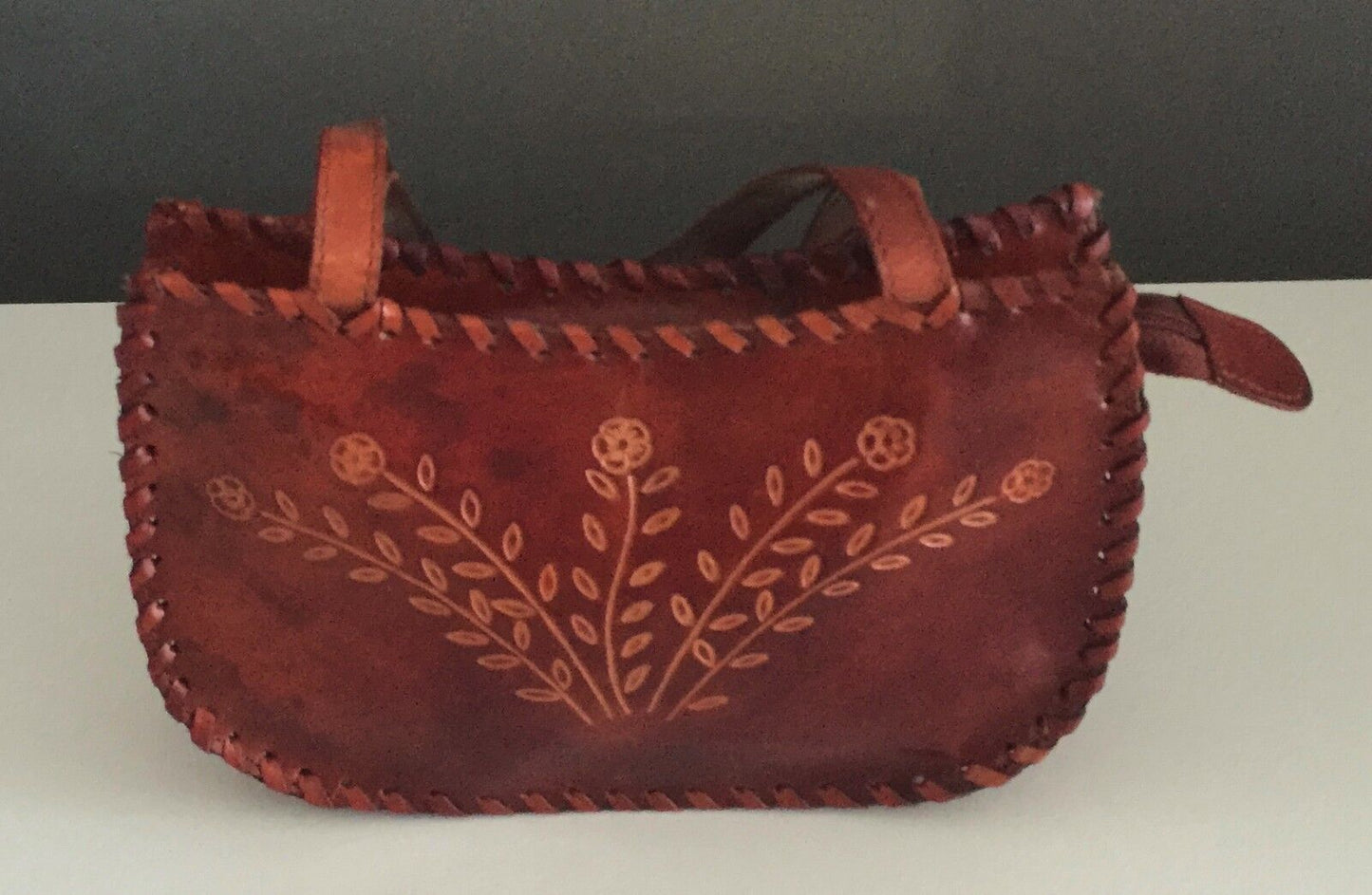 HandTooled Shoulder Bag & Crafted Floral Motif Rich Tan Leather Twin Strap NEW