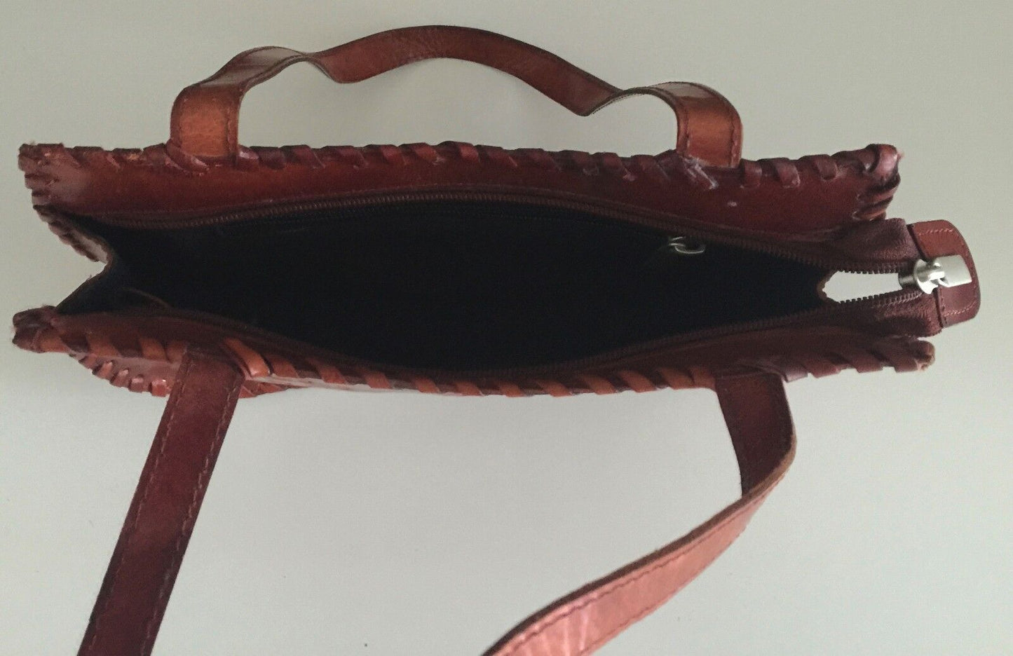 HandTooled Shoulder Bag & Crafted Floral Motif Rich Tan Leather Twin Strap NEW