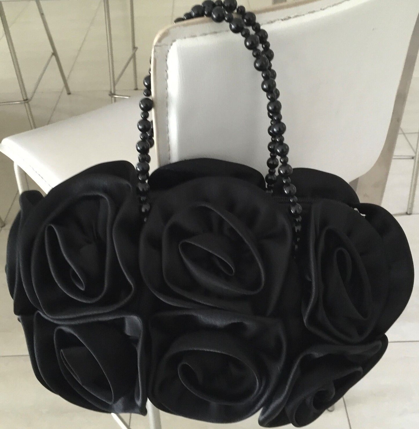 Black Satin Rosette Evening Bag w Beaded Short Handles Handbag Vintage Vibe! NEW