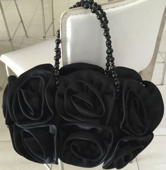 Black Satin Rosette Evening Bag w Beaded Short Handles Handbag Vintage Vibe! NEW