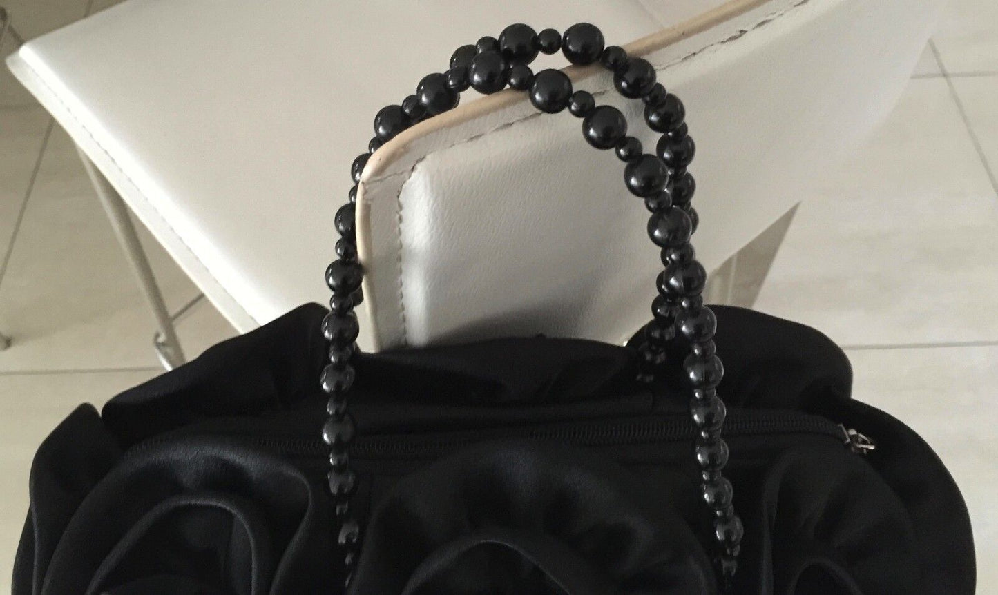 Black Satin Rosette Evening Bag w Beaded Short Handles Handbag Vintage Vibe! NEW