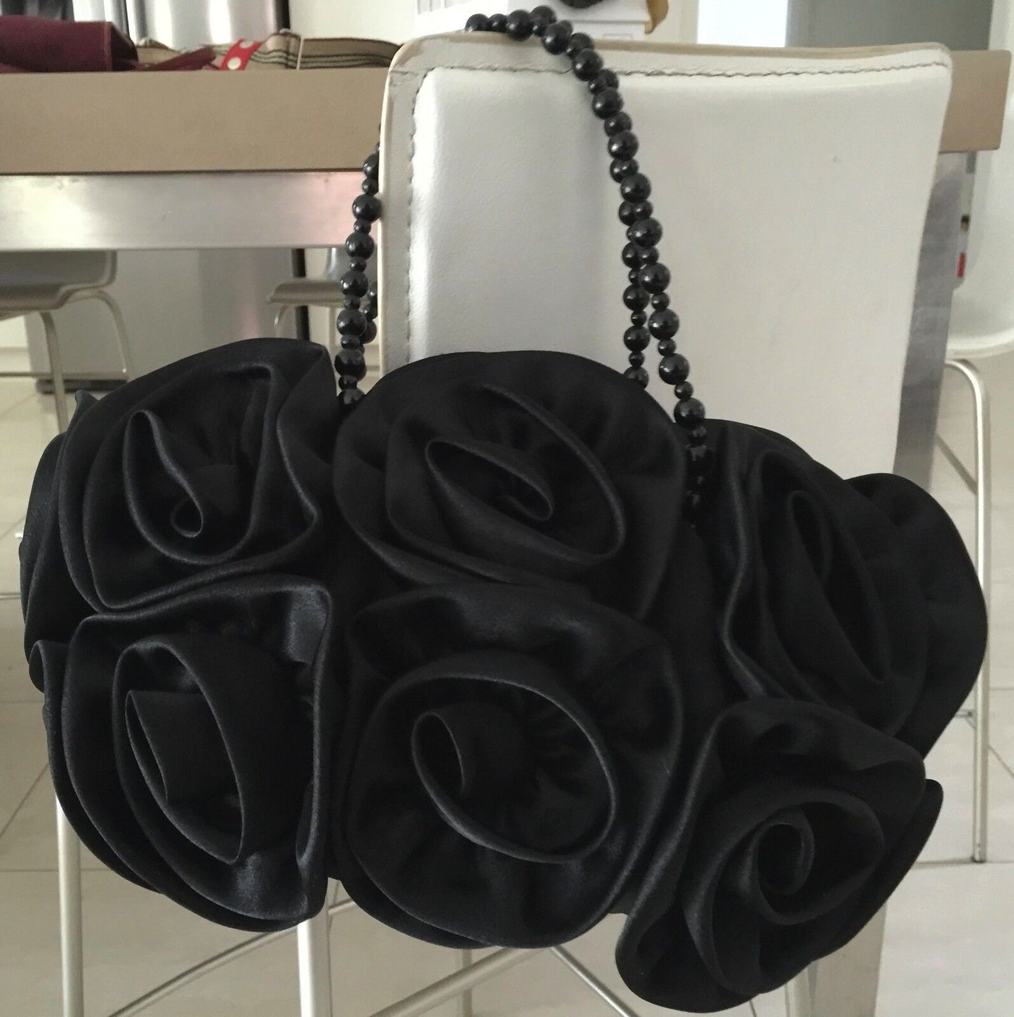 Black Satin Rosette Evening Bag w Beaded Short Handles Handbag Vintage Vibe! NEW