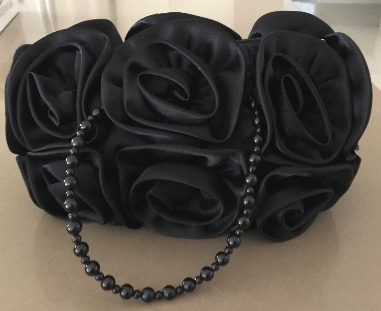 Black Satin Rosette Evening Bag w Beaded Short Handles Handbag Vintage Vibe! NEW