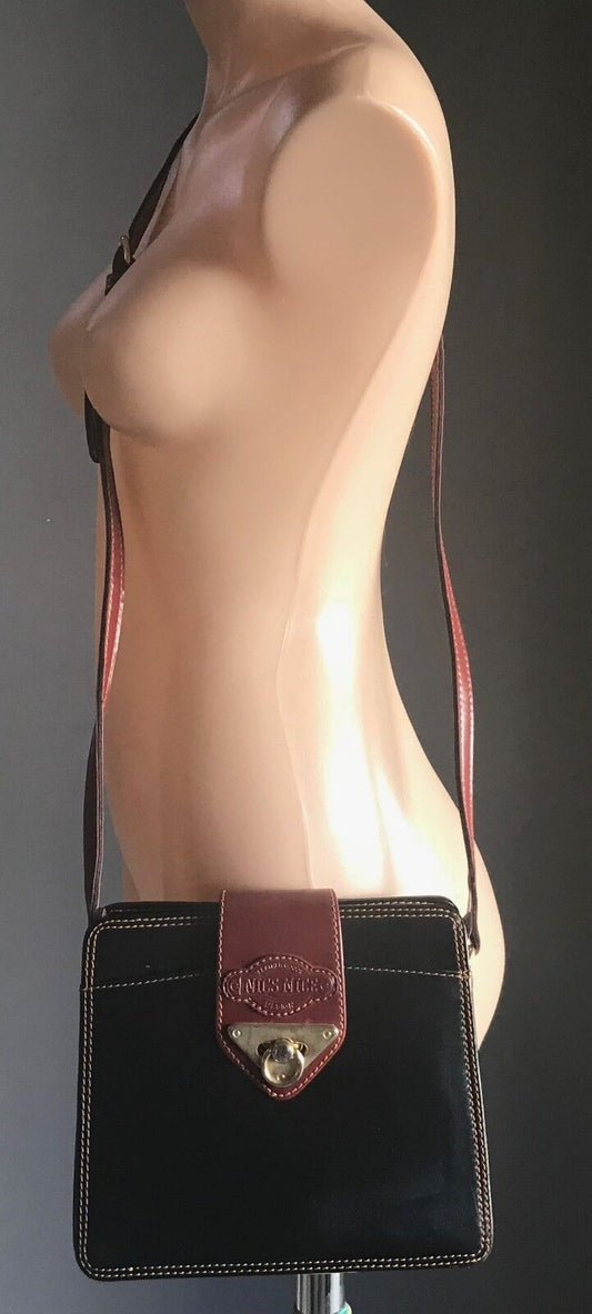 Nics Nice Designs LEATHER  SHOULDER BAG Black Tan Leather Cross Body HandBag NEW