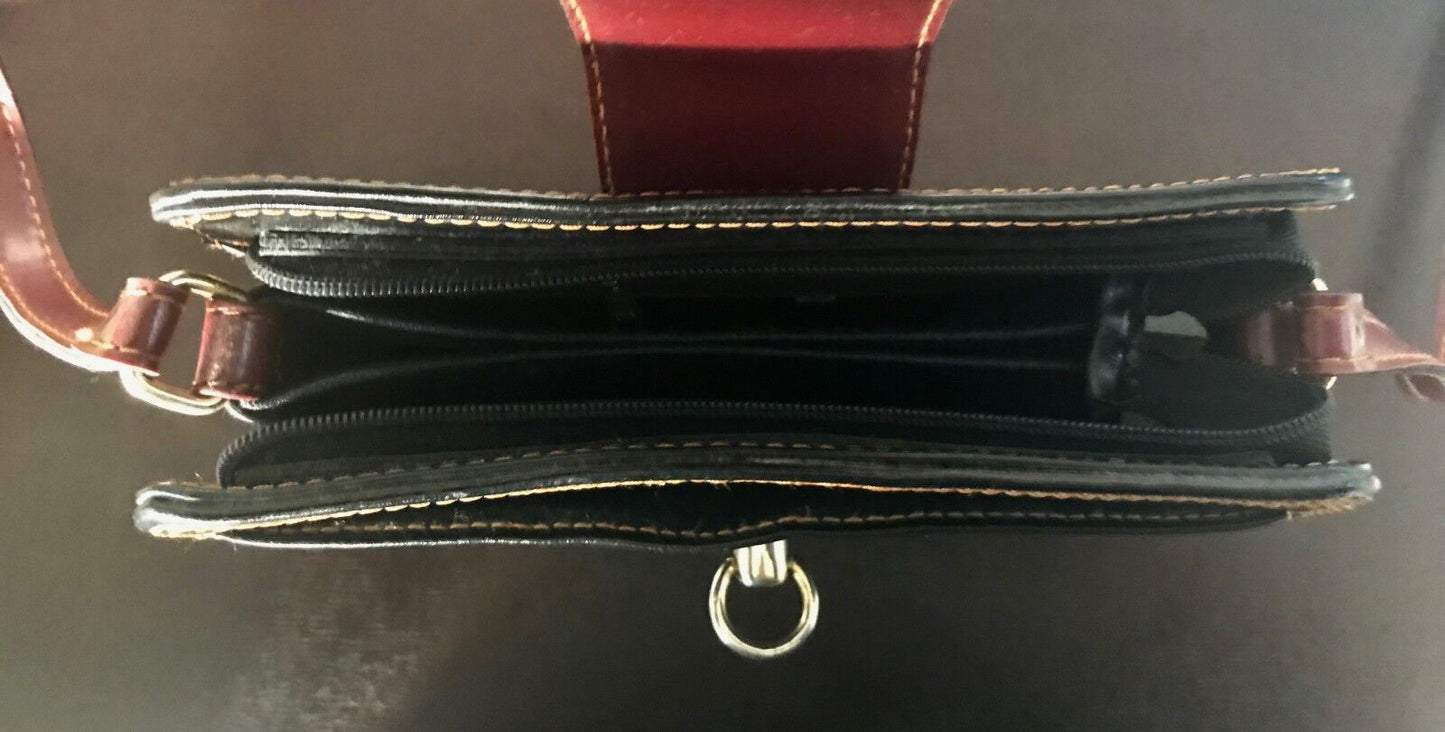 Nics Nice Designs LEATHER  SHOULDER BAG Black Tan Leather Cross Body HandBag NEW