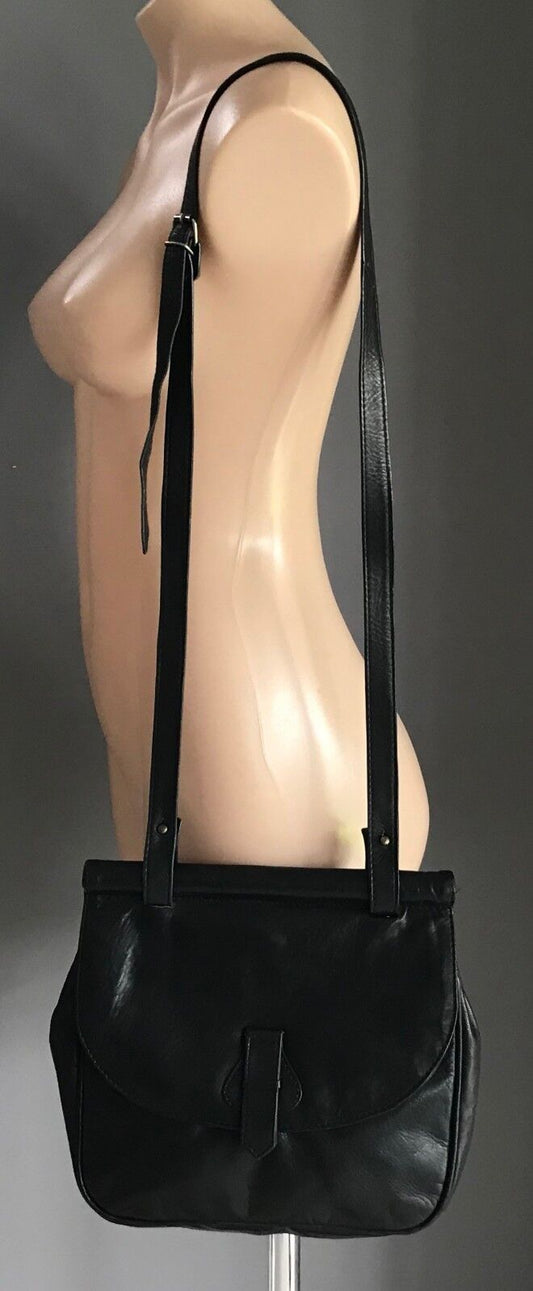 GOLD CREST Cross Body Shoulder Bag Black Pleather Saddle Handbag Purse Vintage