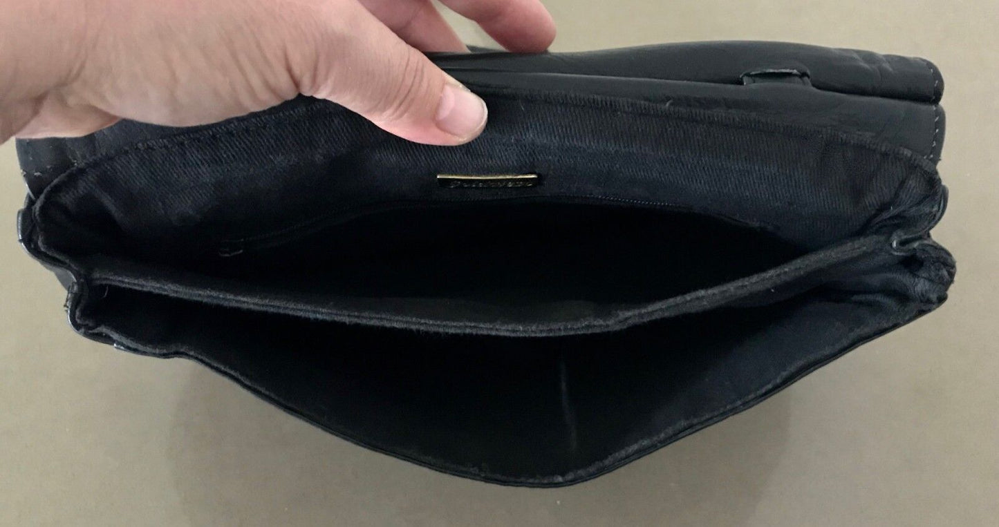 GOLD CREST Cross Body Shoulder Bag Black Pleather Saddle Handbag Purse Vintage