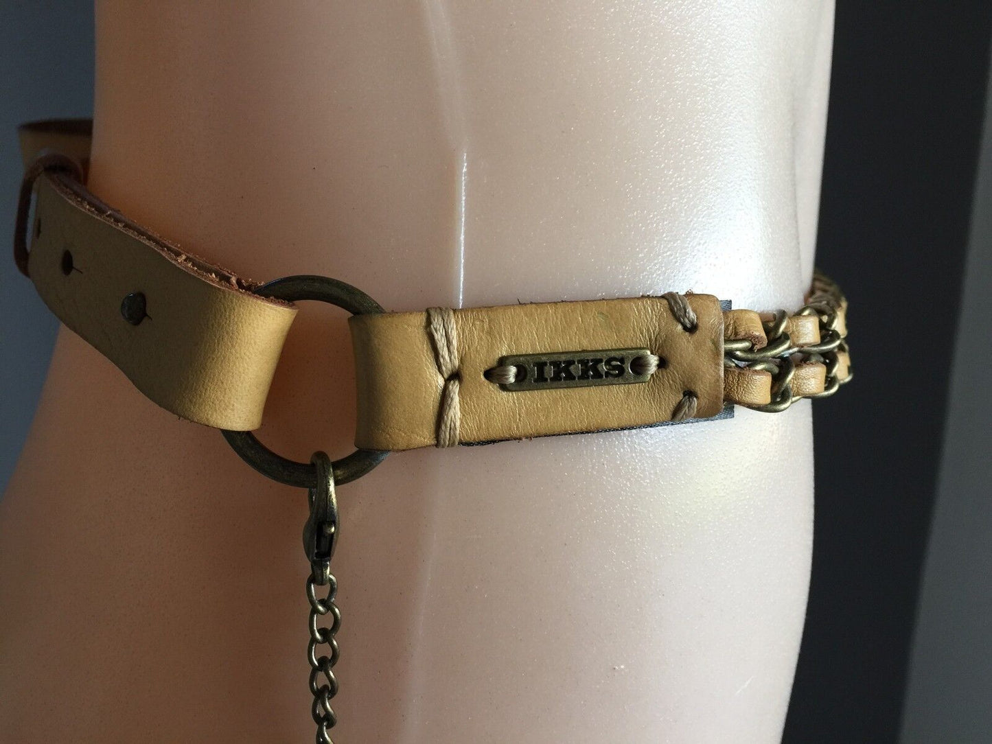 Leather Belt Retro IKKS 2cm Ladies Light Tan Colour w Tassel Trim Size 12 90cm L