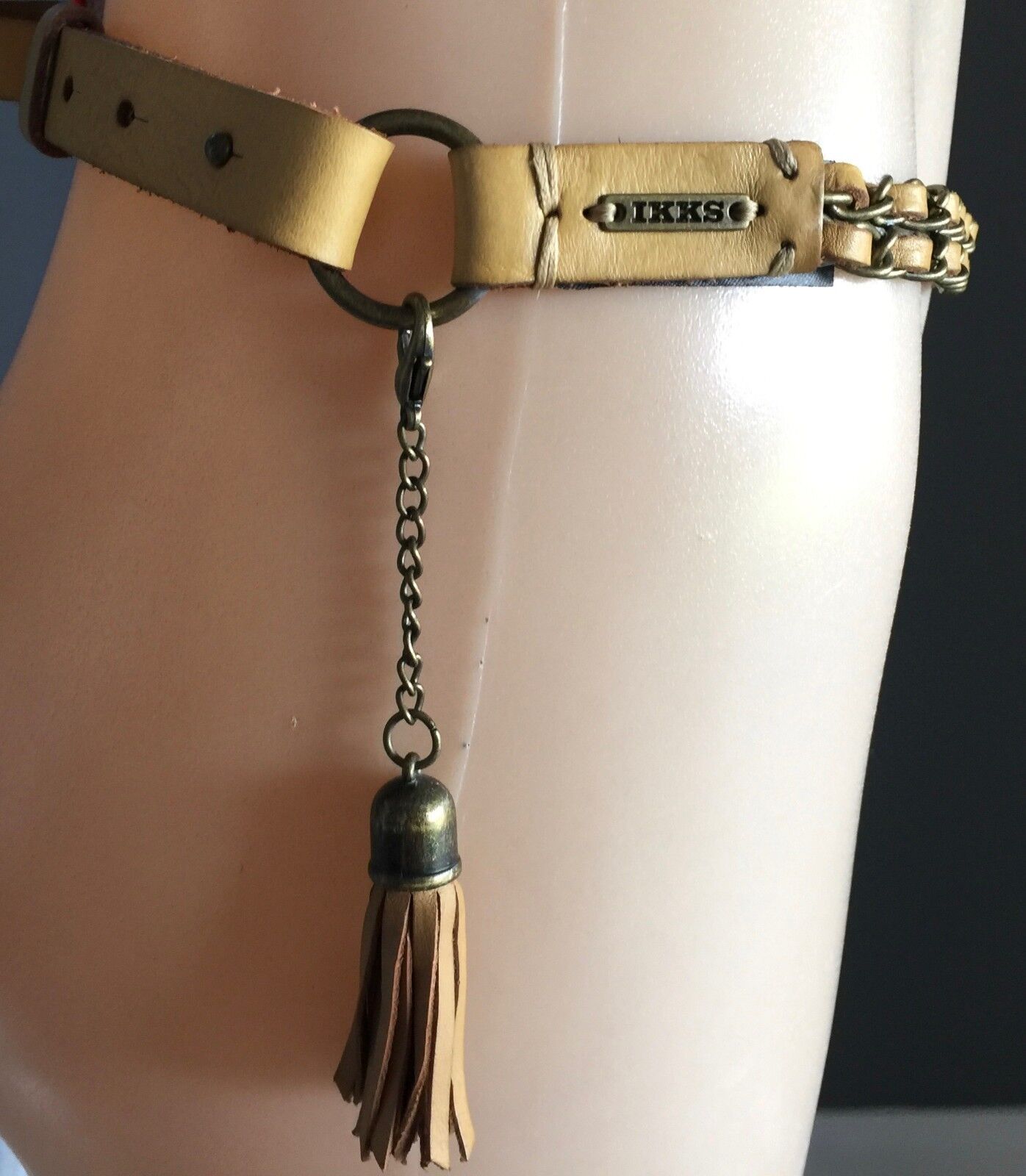 Leather Belt Retro IKKS 2cm Ladies Light Tan Colour w Tassel Trim Size 12 90cm L