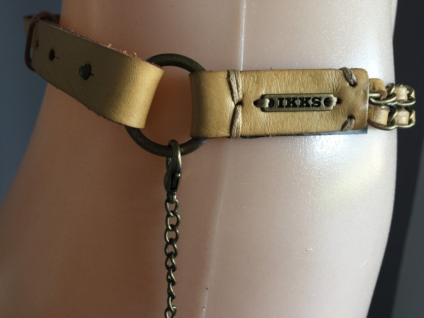 Leather Belt Retro IKKS 2cm Ladies Light Tan Colour w Tassel Trim Size 12 90cm L