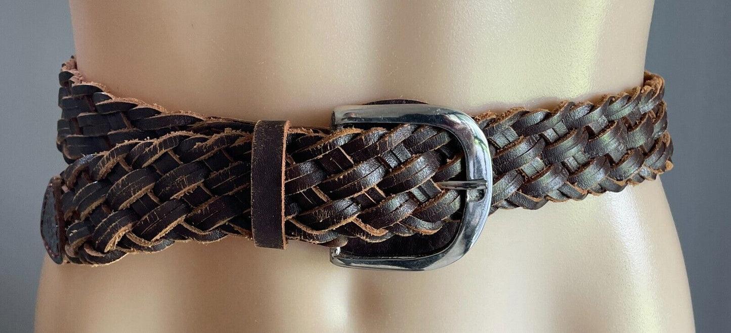 KERRY McGEE Brown Leather Woven Belt 4cm Wide Size 12 Total Length Of Belt 91cm