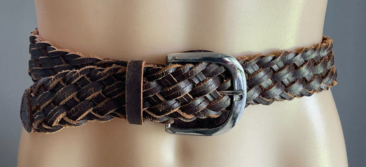 KERRY McGEE Brown Leather Woven Belt 4cm Wide Size 12 Total Length Of Belt 91cm