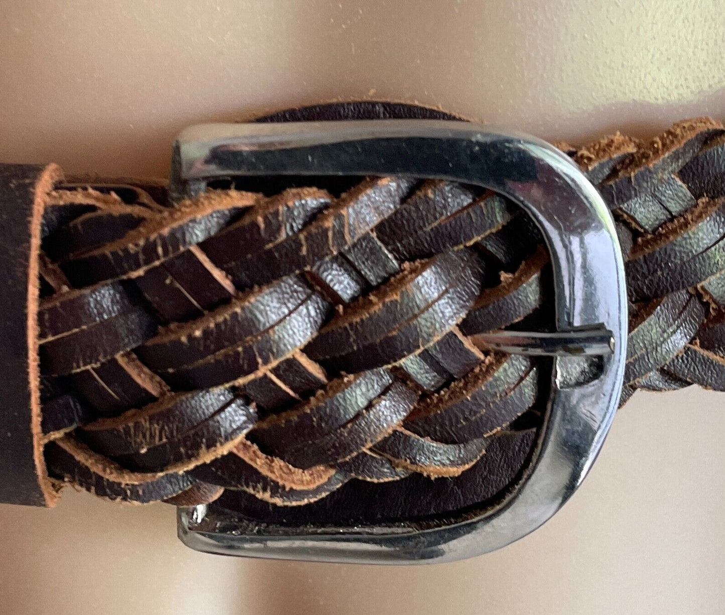 KERRY McGEE Brown Leather Woven Belt 4cm Wide Size 12 Total Length Of Belt 91cm