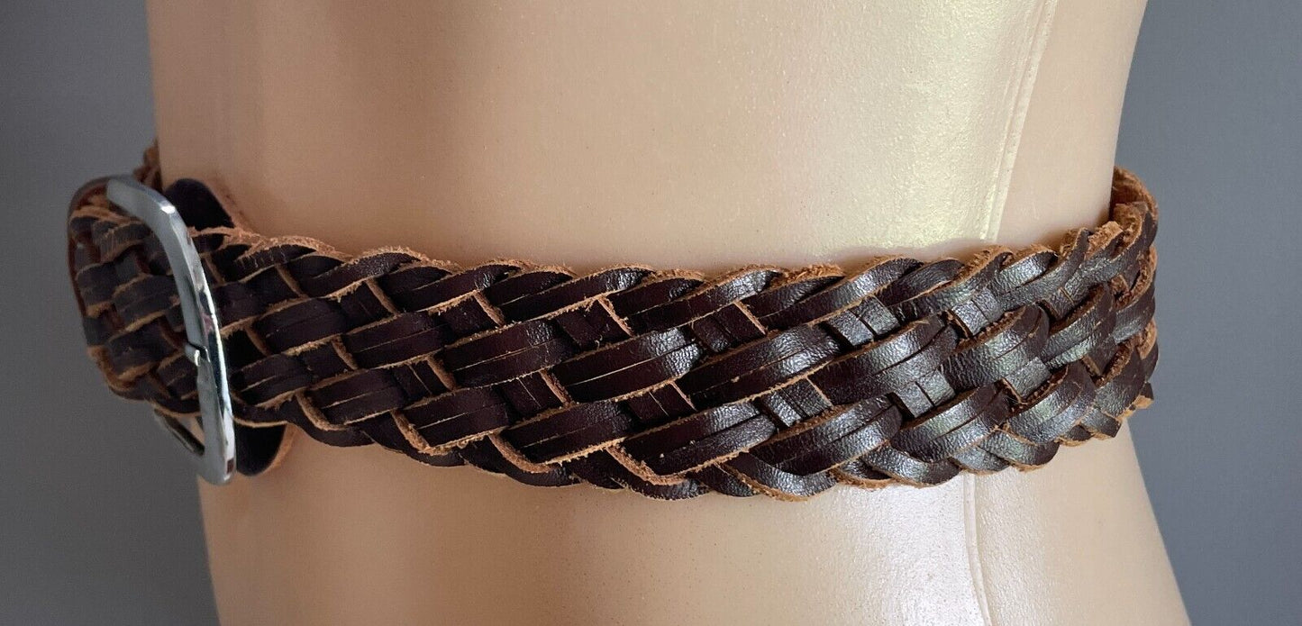 KERRY McGEE Brown Leather Woven Belt 4cm Wide Size 12 Total Length Of Belt 91cm