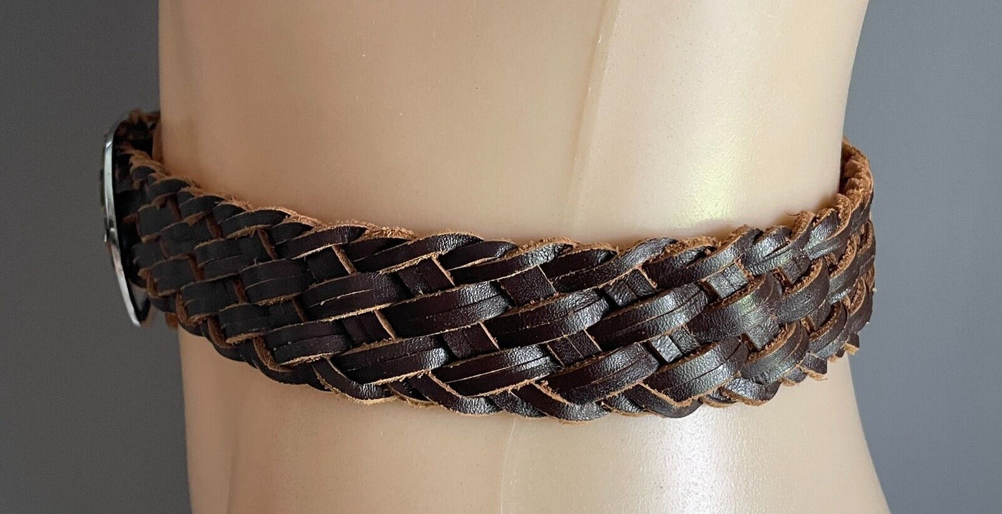 KERRY McGEE Brown Leather Woven Belt 4cm Wide Size 12 Total Length Of Belt 91cm