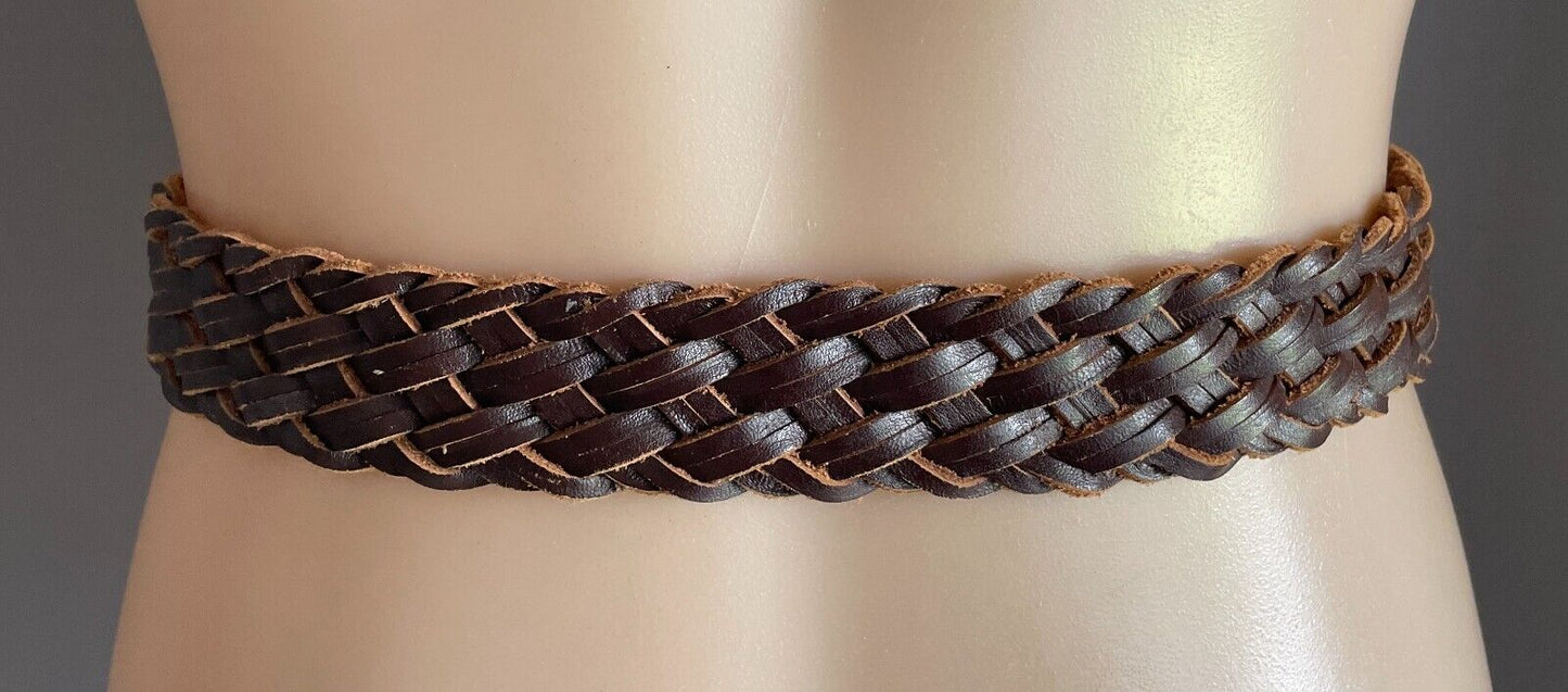 KERRY McGEE Brown Leather Woven Belt 4cm Wide Size 12 Total Length Of Belt 91cm
