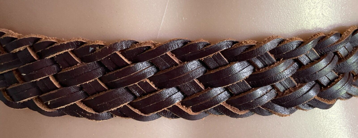 KERRY McGEE Brown Leather Woven Belt 4cm Wide Size 12 Total Length Of Belt 91cm