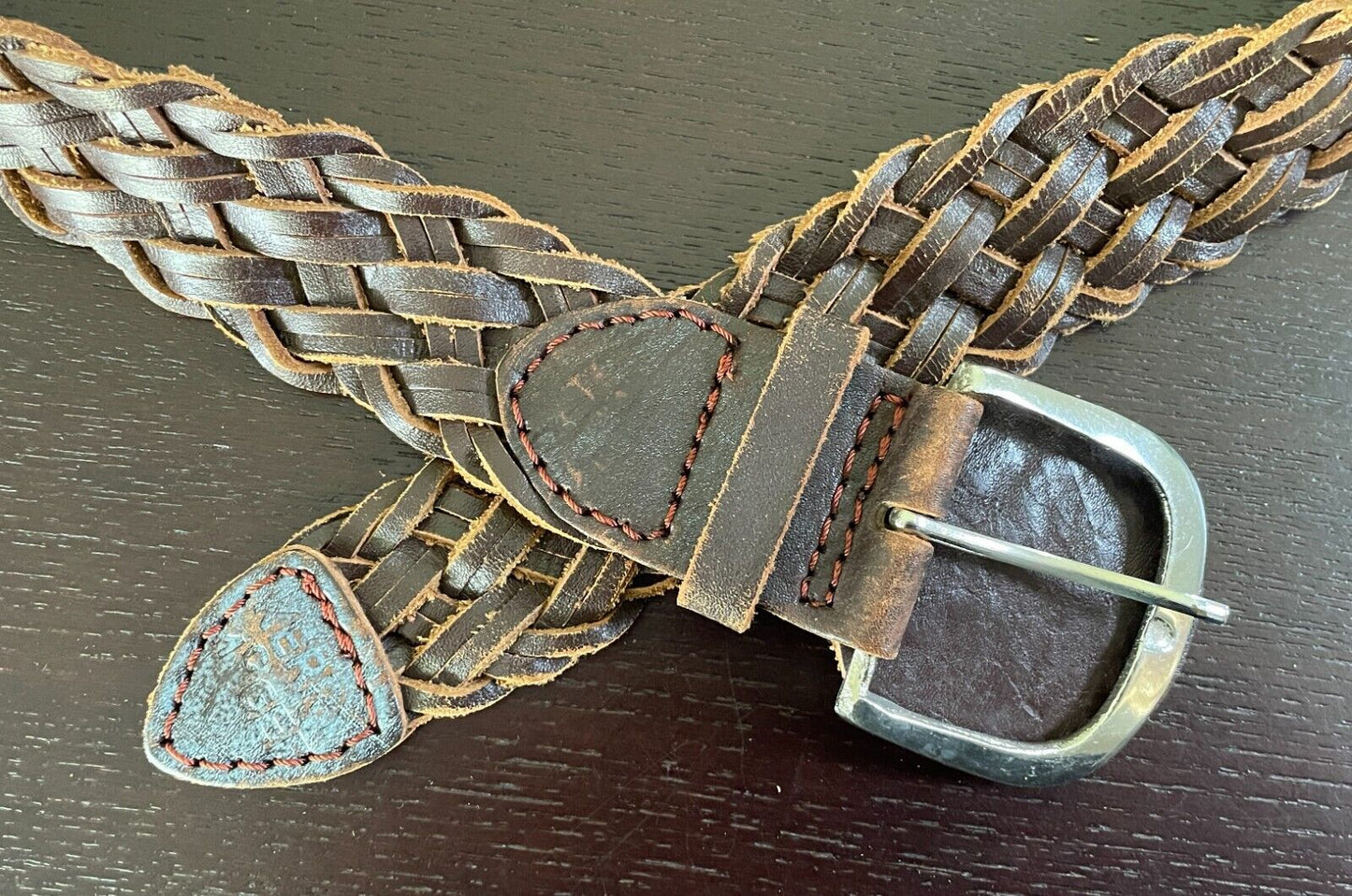 KERRY McGEE Brown Leather Woven Belt 4cm Wide Size 12 Total Length Of Belt 91cm