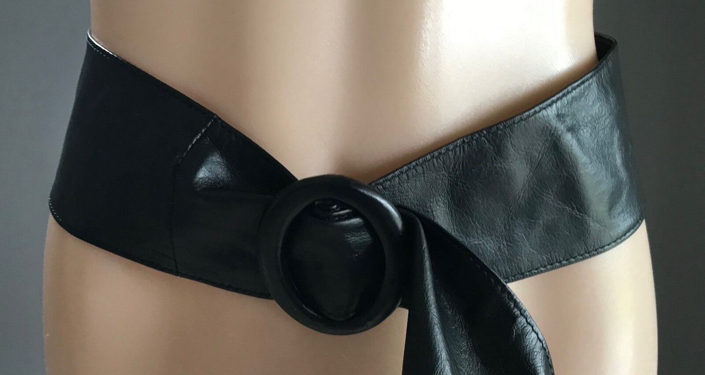 Leather Belt Ladies 7.5cm Black Sash Style Belt Size M L 12 - 14 109cm L