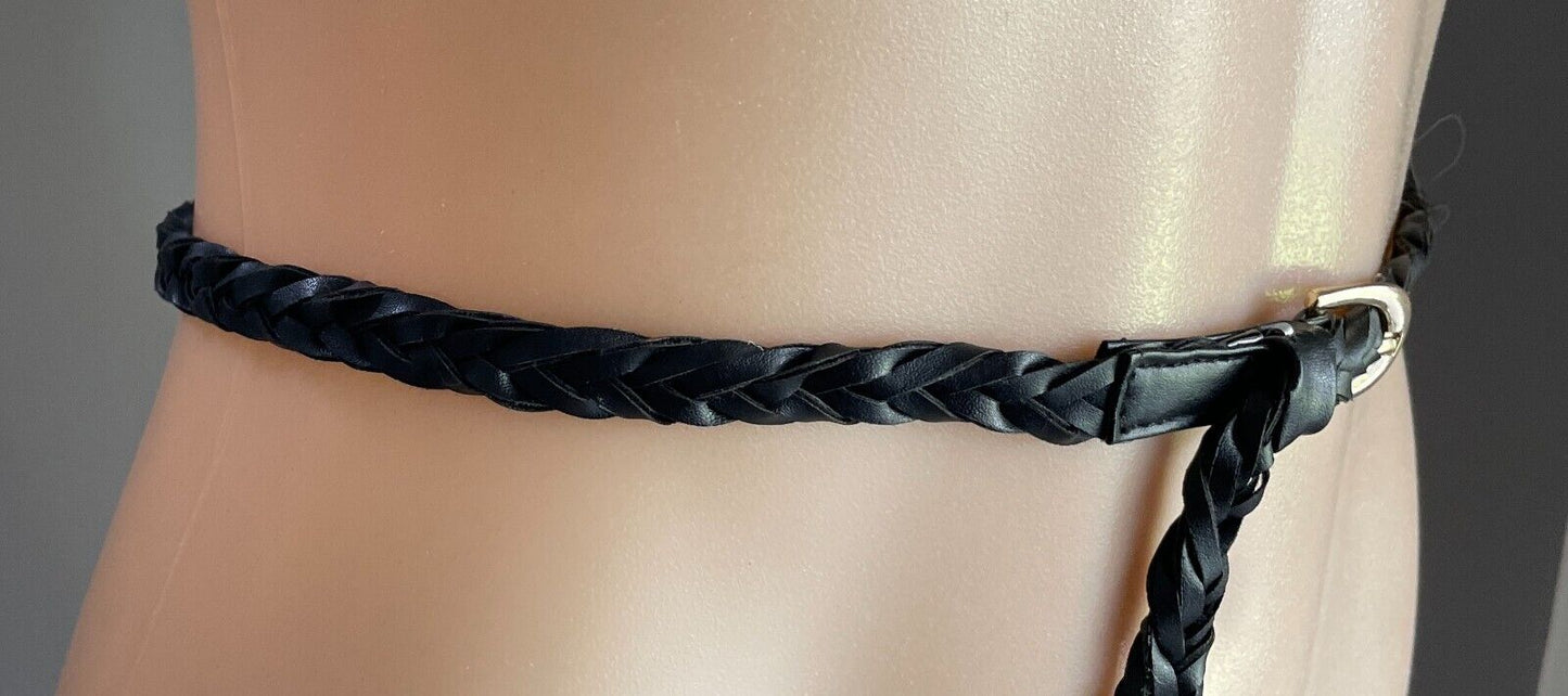 Black Pleather Thin Woven Belt 1cm Wide OSFA Total Length Of Belt 115cm