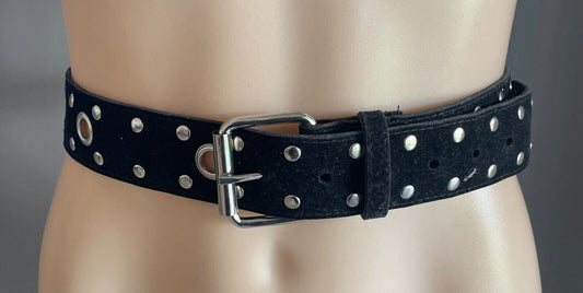 Wide Belt Black Velvet PVC Backed 4cm Size L Studded Ring Trim Waist 88 - 100cm