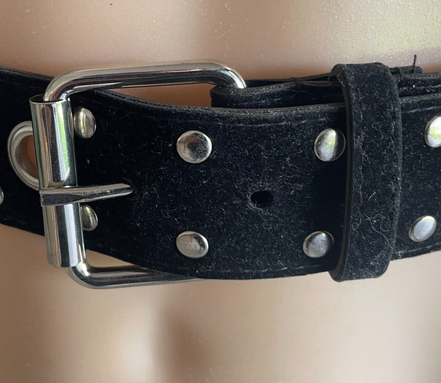 Wide Belt Black Velvet PVC Backed 4cm Size L Studded Ring Trim Waist 88 - 100cm