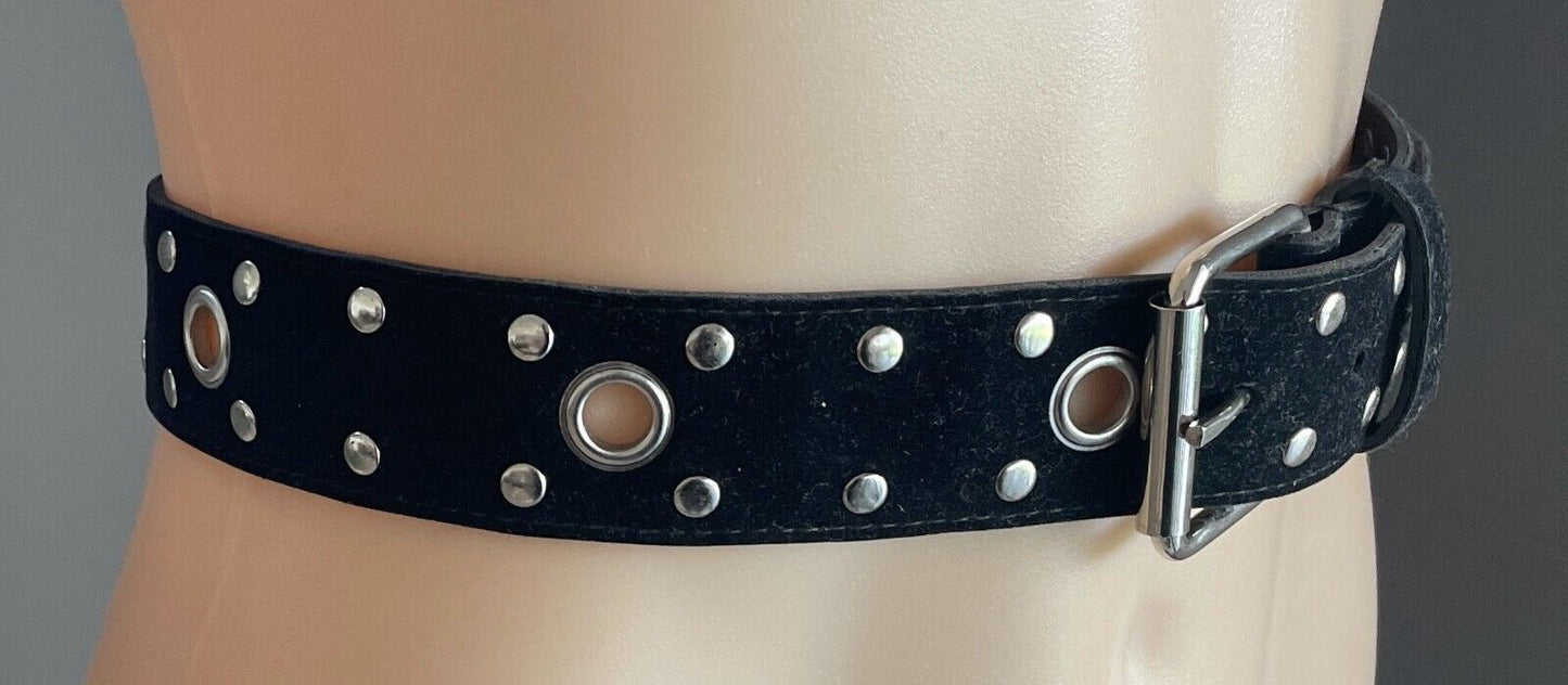 Wide Belt Black Velvet PVC Backed 4cm Size L Studded Ring Trim Waist 88 - 100cm